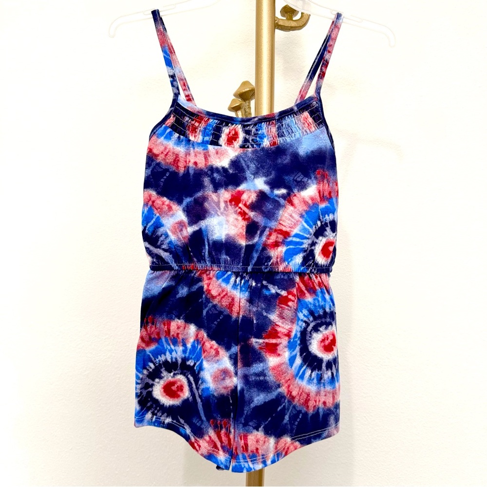 Btween Tie-Dye White Red Blue Americana 4th Of July Sleeveless Smocked Romper